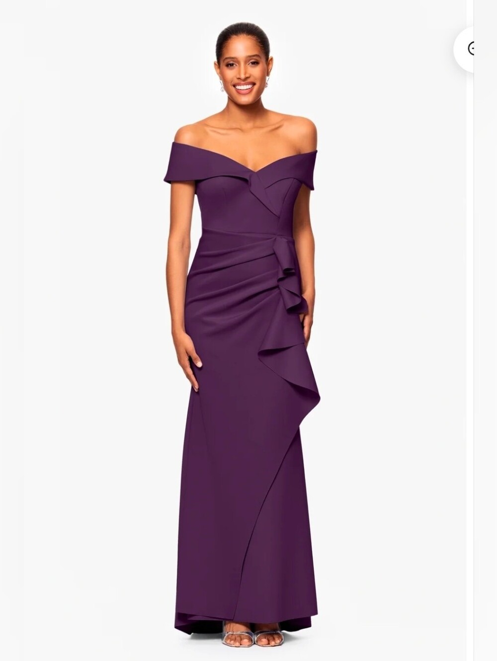 Xscape Dress Off-Shoulder Ruffle Gown Purple Patti Techno Scuba Size 16